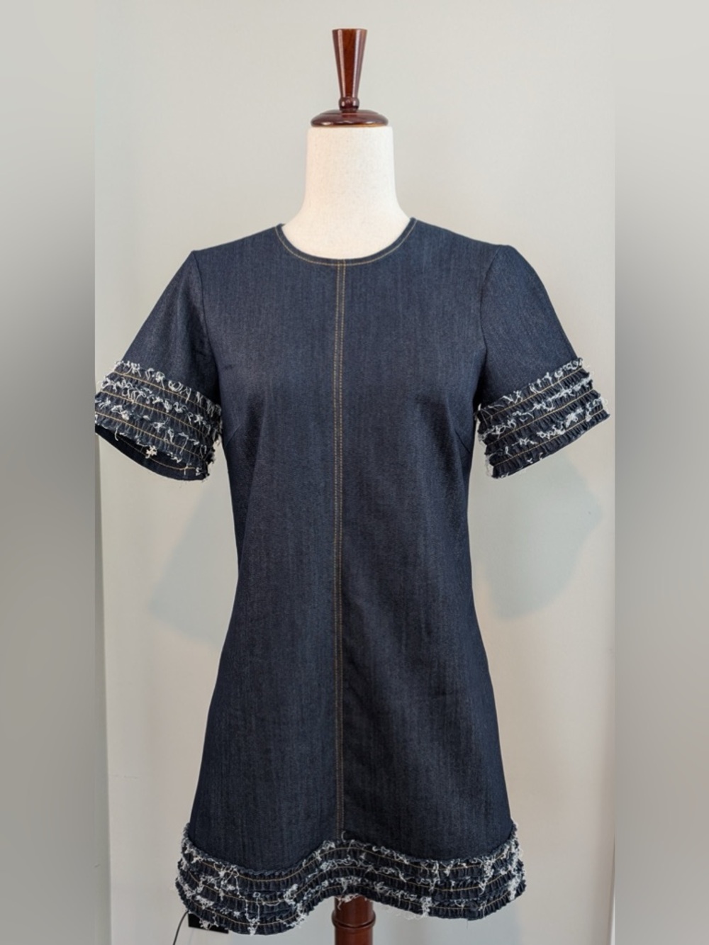 Cinq a Sept Ashton Shift Denim Dress Stretch Fringe Trim 
Dark Blue Size 4